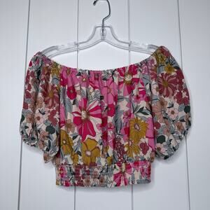 Petal & Pup Floral Smocked Crop Top Women’s 8 Pink Boho Rayon